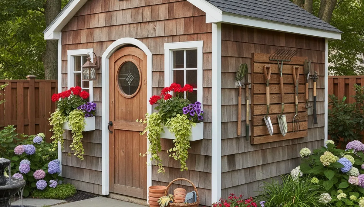 Decorative garden shed with landscaped yard by Chop Chop Landscaping in St Louis, MO