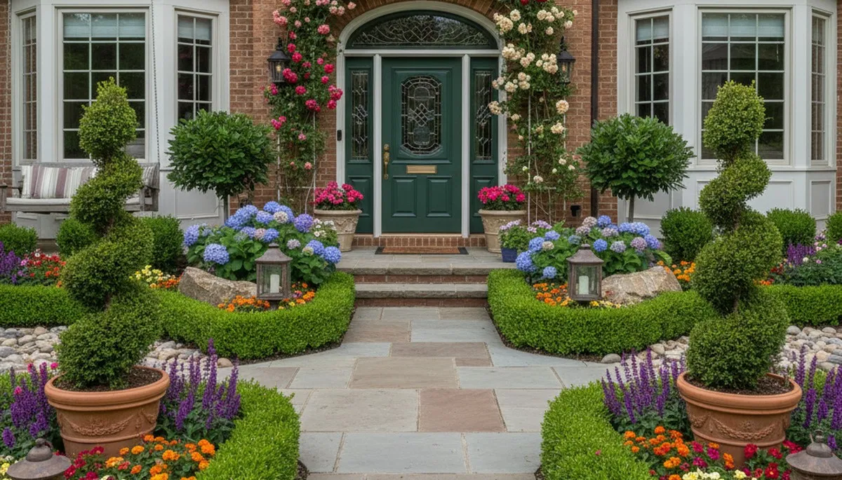 Front yard curb appeal landscaping with colorful plants and shaped shrubs in St Louis, MO
