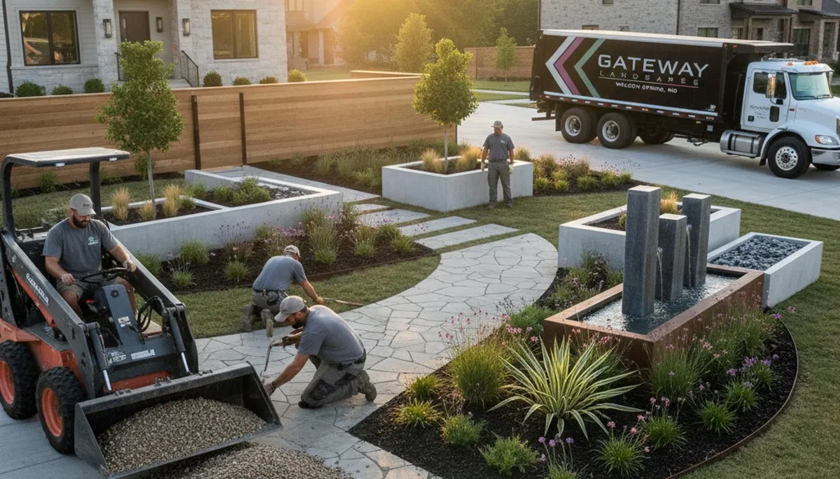 Landscaping crew providing lawn care services in St. Louis, MO