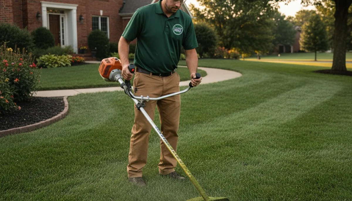 Technician performing precision lawn edging with string trimmer in St Louis, MO lawn maintenance service
