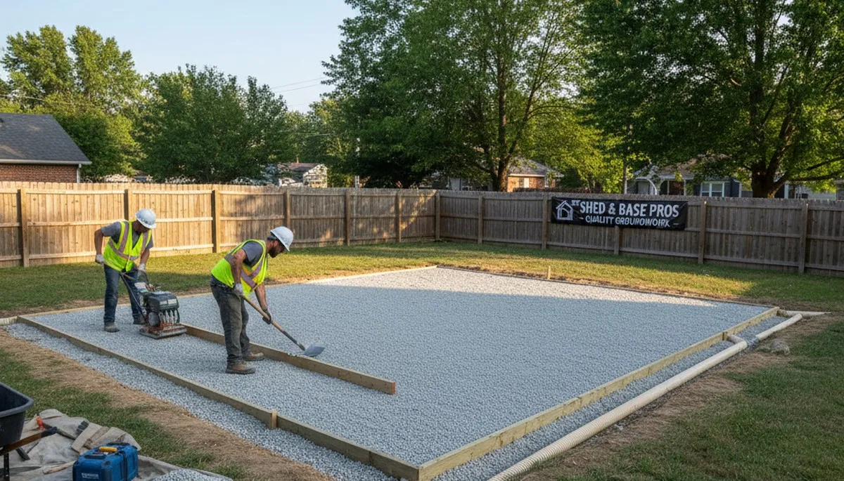 Professional shed foundation preparation with leveled gravel base in St Louis, MO landscaping project